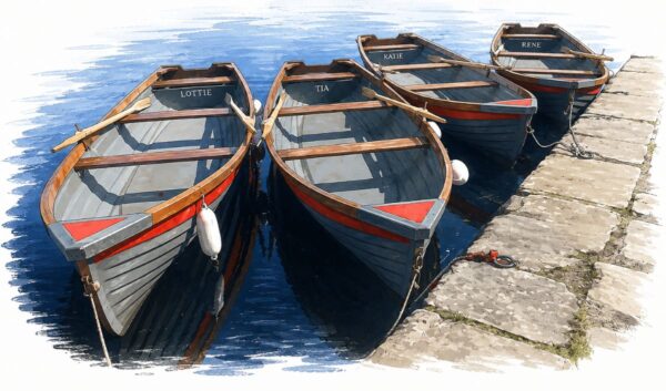 Rowing Boats, Lough Key, colour illustration